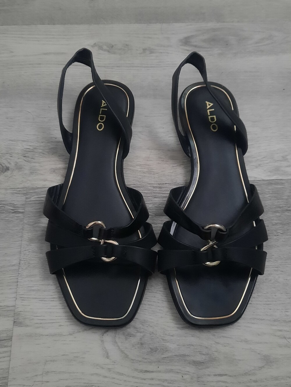 Aldo Black Strappy Slingback Sandals with Gold Accents